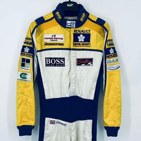 Race driver suit with yellow sleeves, white torso, blue panels and sponsor patches