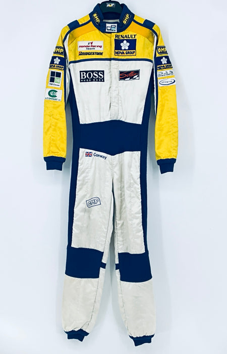 Full race driver suit with yellow, white and blue panels and front sponsor logos