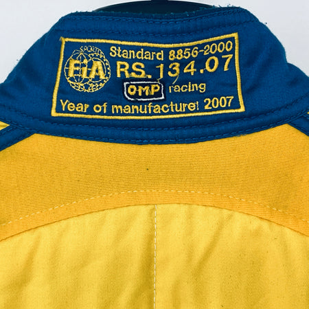 Race driver suit collar tag reading 2007 and RS 134.07, OMP racing
