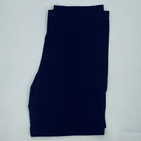 Navy shorts, folded flat with straight leg openings