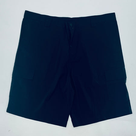 Navy shorts with front fly and side pockets
