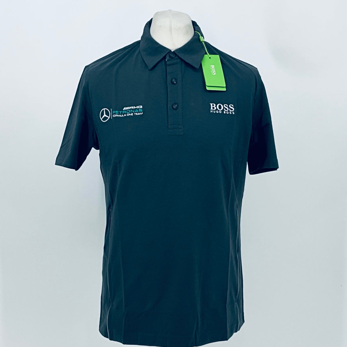 Boss polo shirt in dark teal, short sleeves, button placket, chest logos