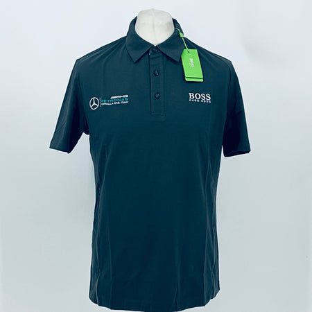 Boss polo shirt in dark teal, short sleeves, button placket, chest logos