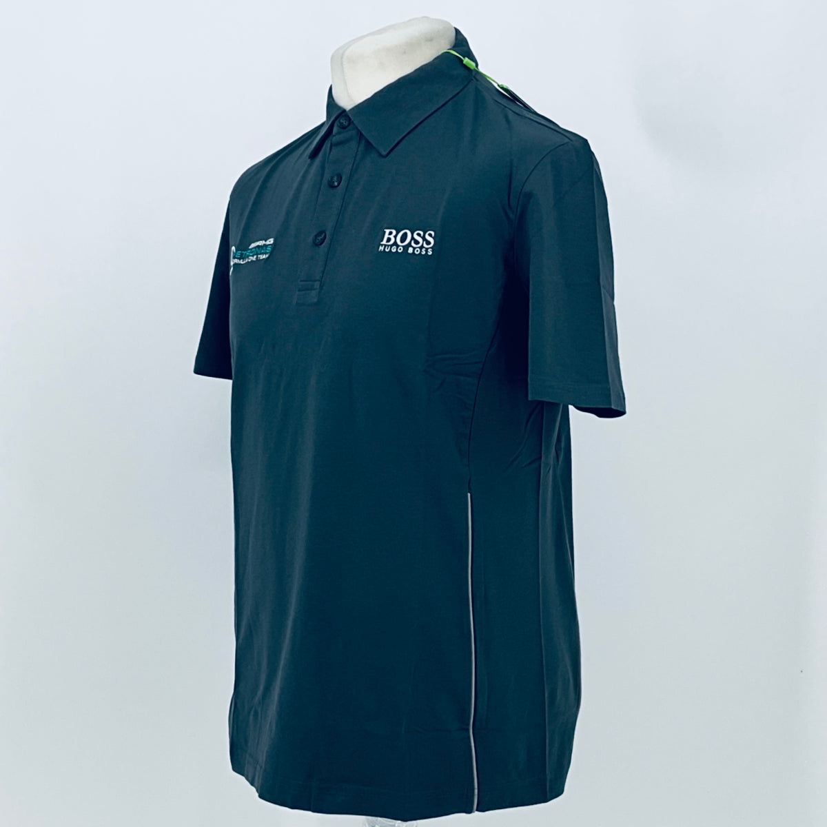 Boss polo shirt in dark teal, back and shoulder view with embroidered chest logo
