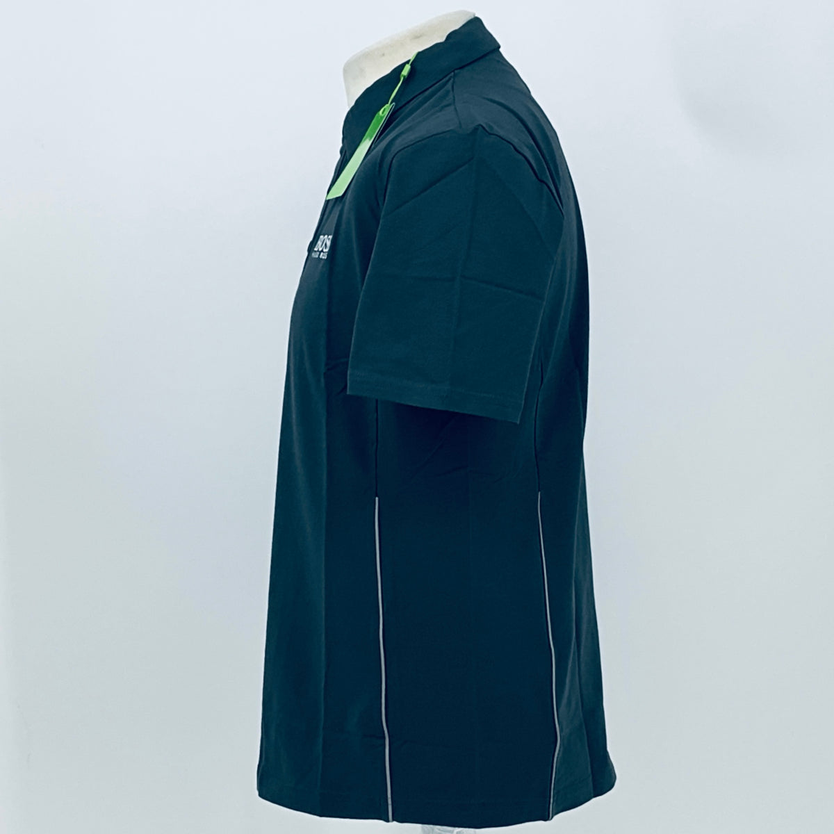 Boss polo shirt in dark teal, back side view with sleeve logo and green tag