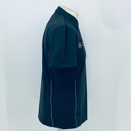 Boss polo shirt in dark teal, side profile view with sleeve logo