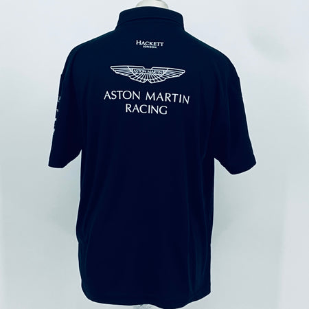 Navy Aston Martin Racing polo shirt, back view with Aston Martin Racing emblem and HACKETT.