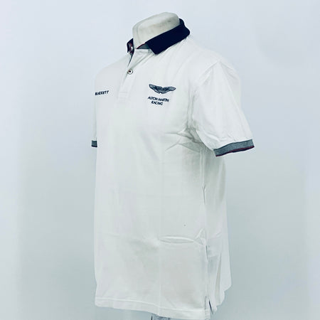 White polo shirt back view with navy collar and sleeve trim
