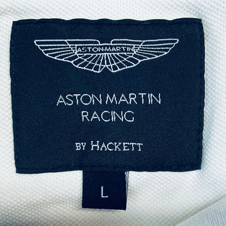 Navy and white size L clothing label: Aston Martin Racing by Hackett