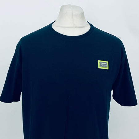 Navy short-sleeve T-shirt with chest patch logo on the right