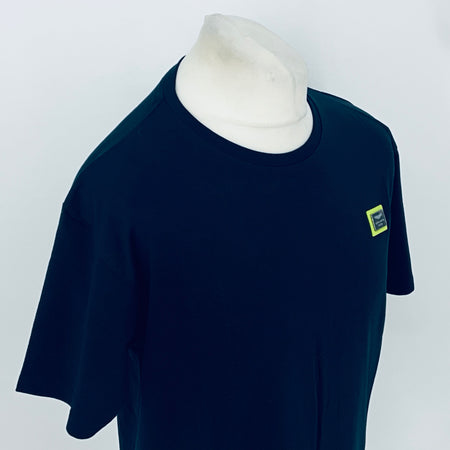 Navy short-sleeve T-shirt with small right-chest patch logo