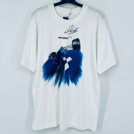 White graphic T-shirt with blue car and plume print at center front