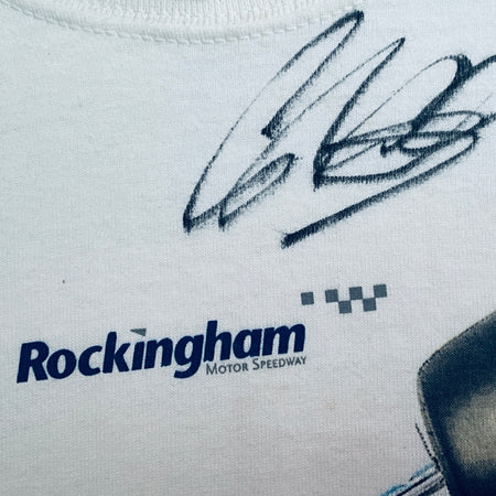 White T-shirt detail: Rockingham Motor Speedway logo and checkered mark
