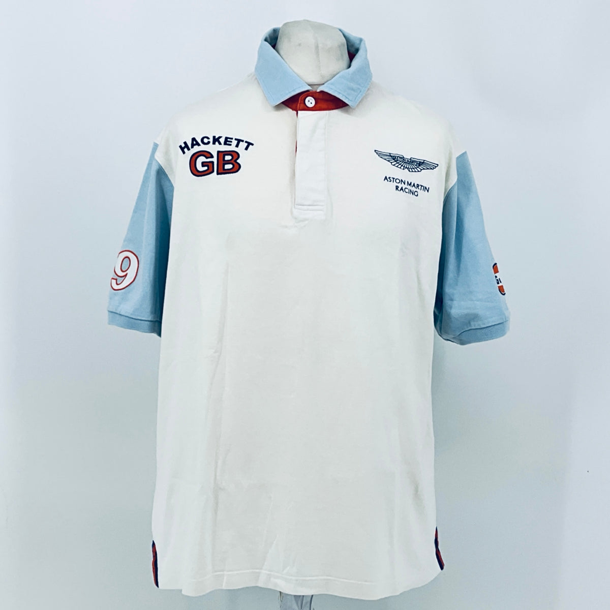 AMR Aston Martin Racing Le Mans team polo shirt, white with light blue sleeves and GB badge