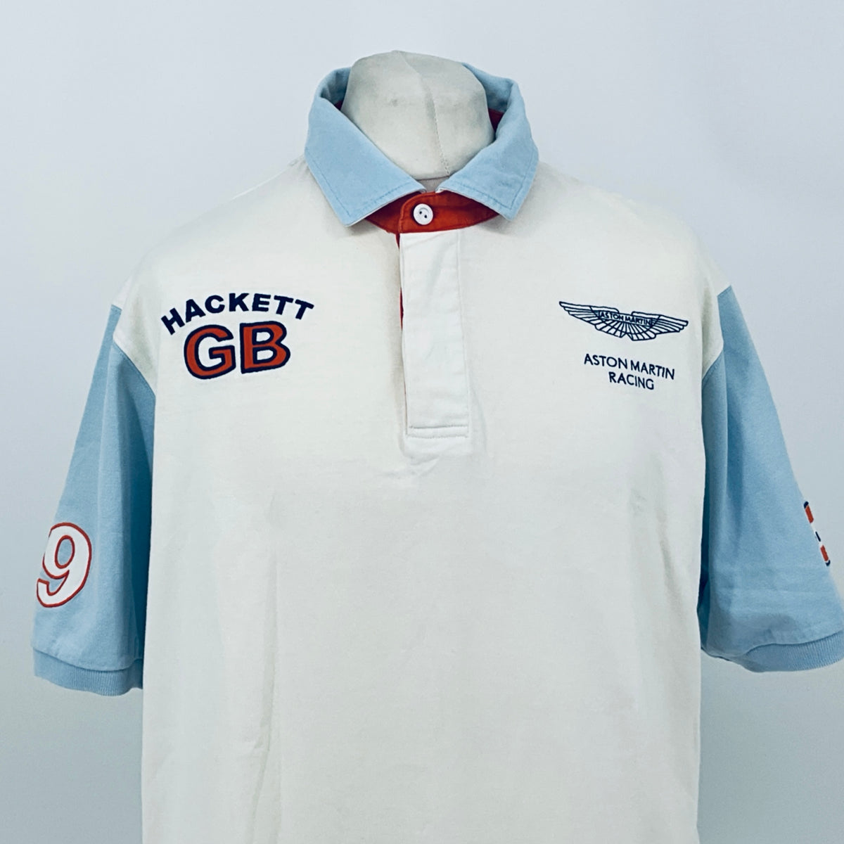 AMR Aston Martin Racing Le Mans team polo shirt, white front with GB text and Aston Martin logo
