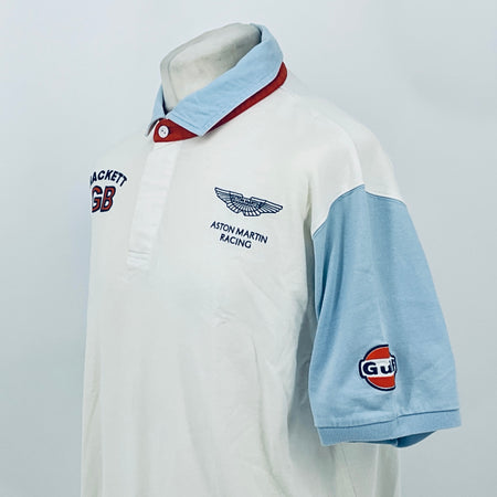 AMR Aston Martin Racing Le Mans team polo shirt, side view with wing logo and Gulf patch