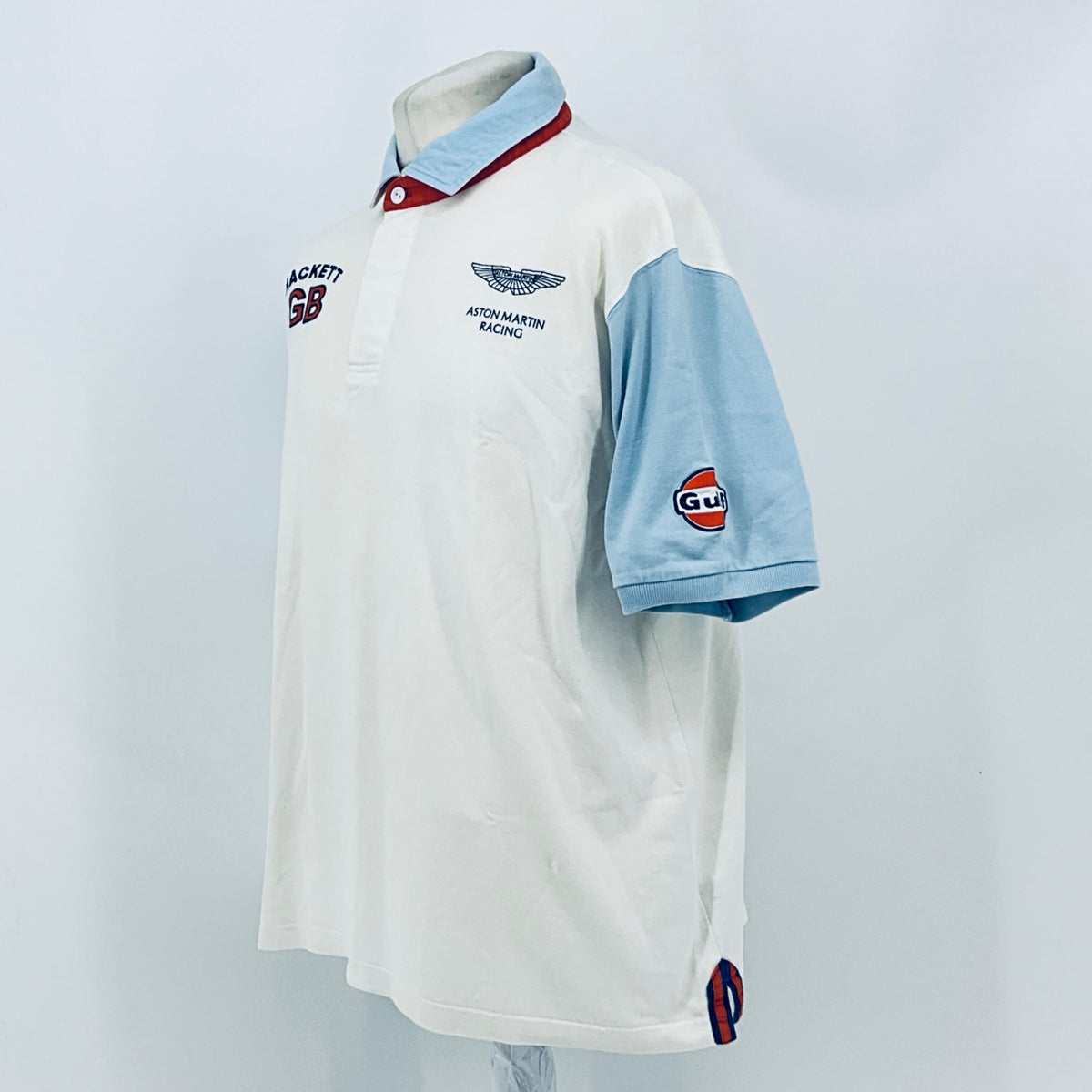 AMR Aston Martin Racing Le Mans team polo shirt, back/side view with Gulf patch on sleeve