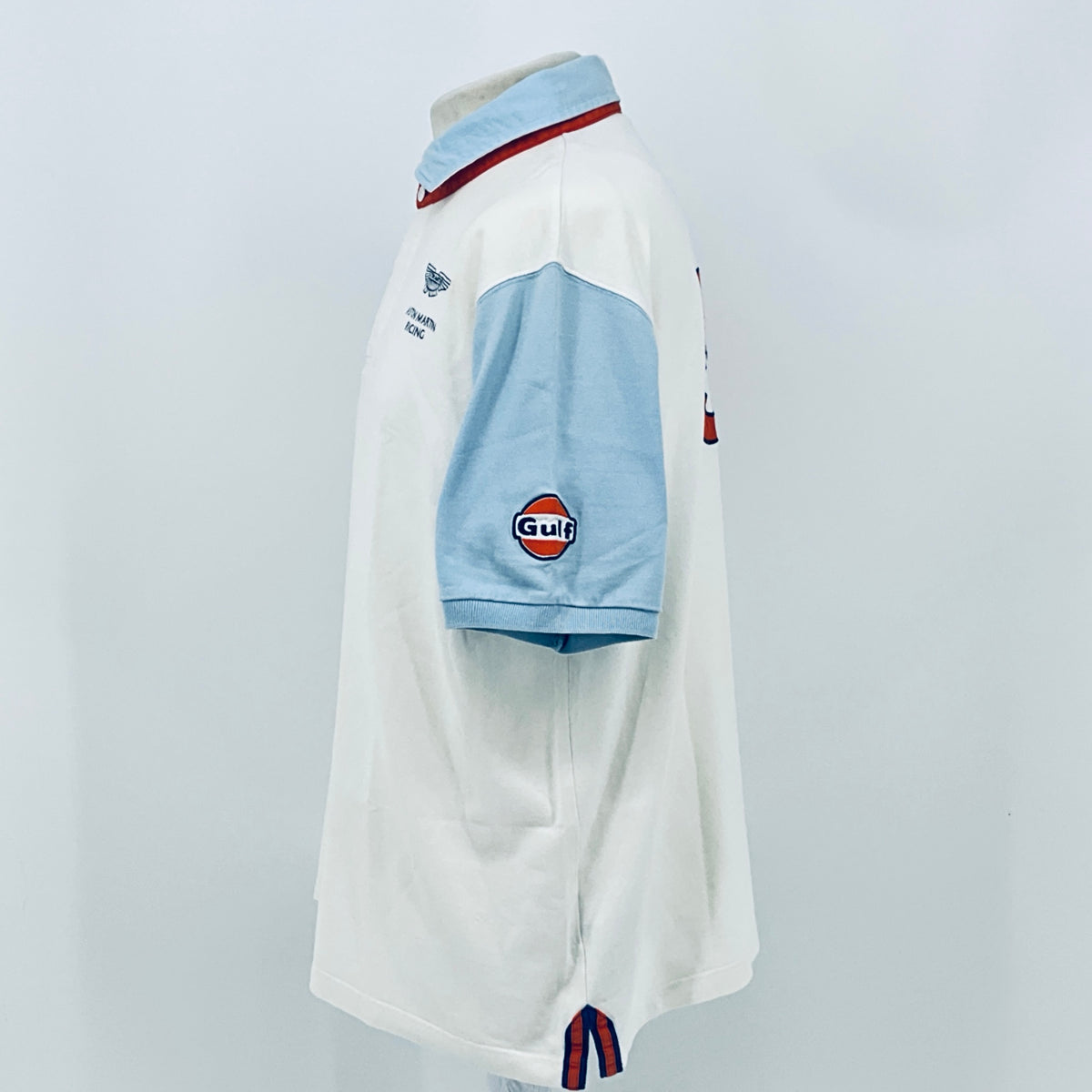AMR Aston Martin Racing Le Mans team polo shirt, profile view with Gulf logo on sleeve