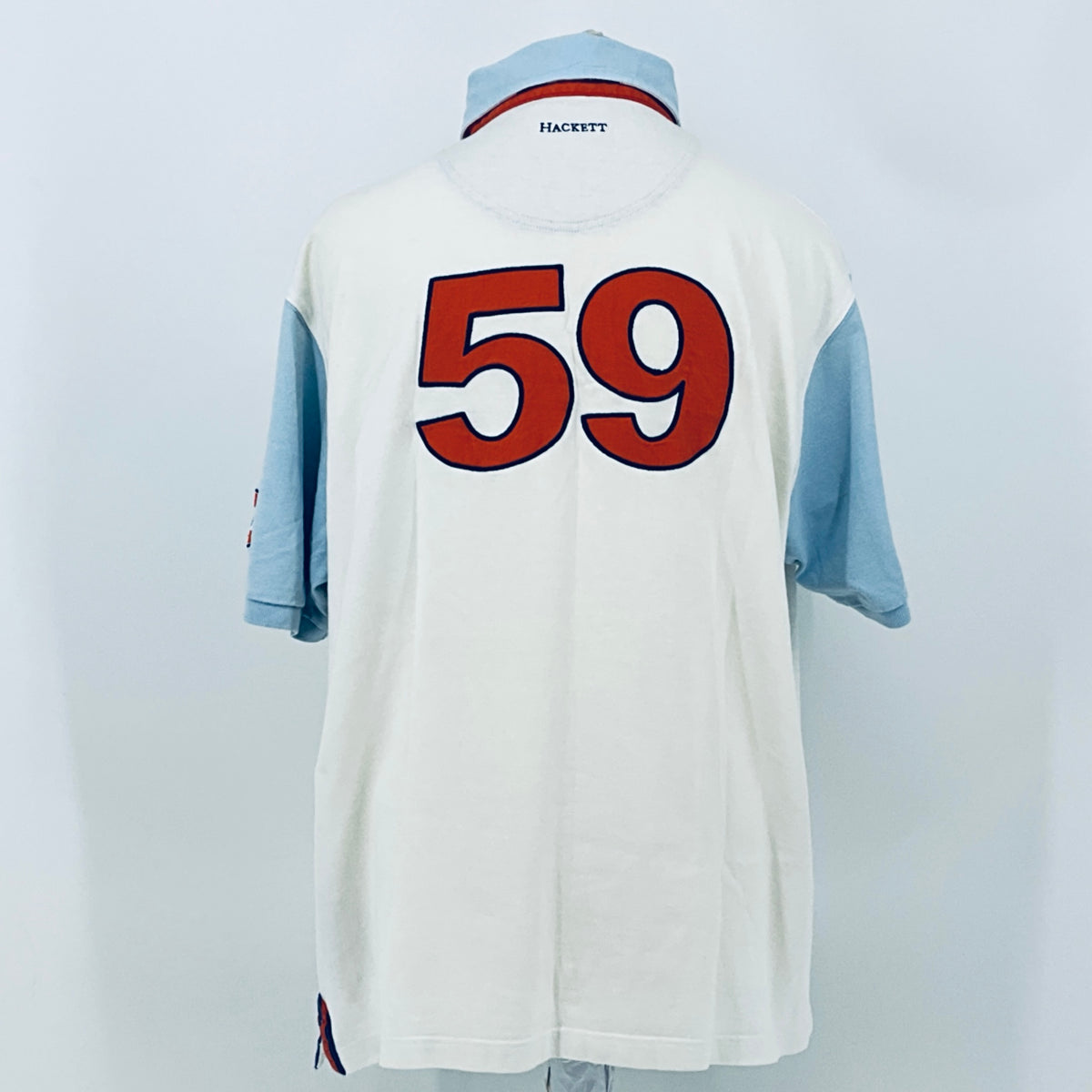 AMR Aston Martin Racing Le Mans team polo shirt, back view with large 59 number and sleeve print