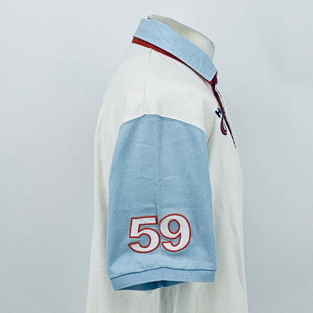 AMR Aston Martin Racing Le Mans team polo shirt, side back view with 59 number on light blue sleeve