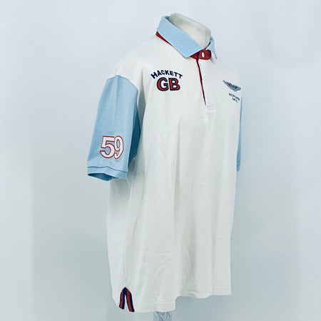 White and light blue team polo shirt with HACKETT GB logo and 59 sleeve print