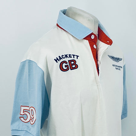 White and light blue polo shirt with HACKETT GB logo and Aston Martin Racing crest