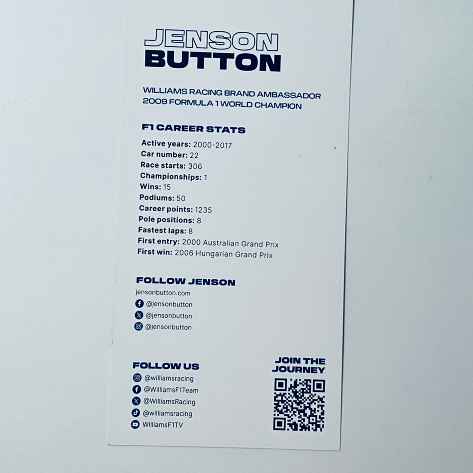 Jenson Button Williams Racing F1 Team Ambassador Drivers Card