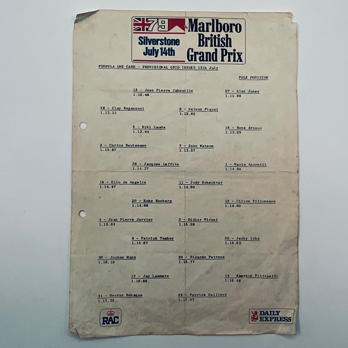 Origional 1979 Marlboro Silverstone British Grand Prix Provisional Pole Position Grid Sheet - Pit-Lane Motorsport