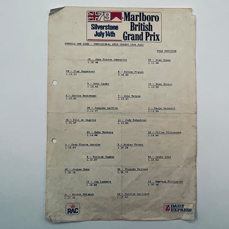 Origional 1979 Marlboro Silverstone British Grand Prix Provisional Pole Position Grid Sheet - Pit-Lane Motorsport