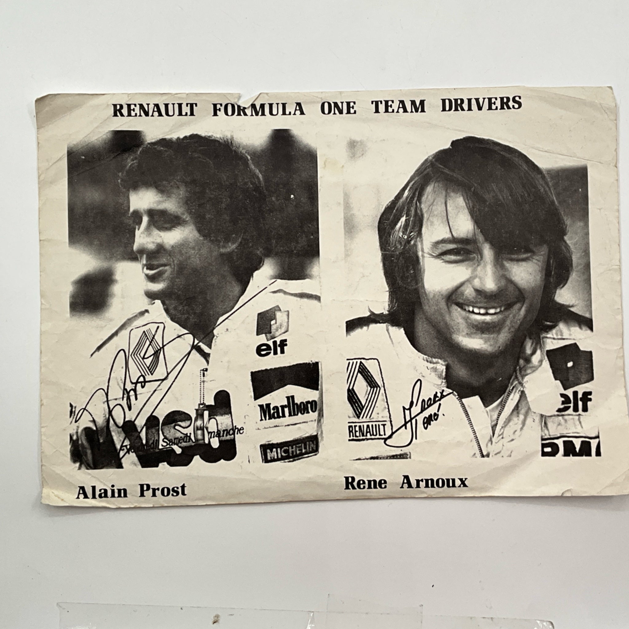 Origional 1981 Renault F1 Team Drivers Sheet Alain Prost & Rene Arnoux - Pit-Lane Motorsport