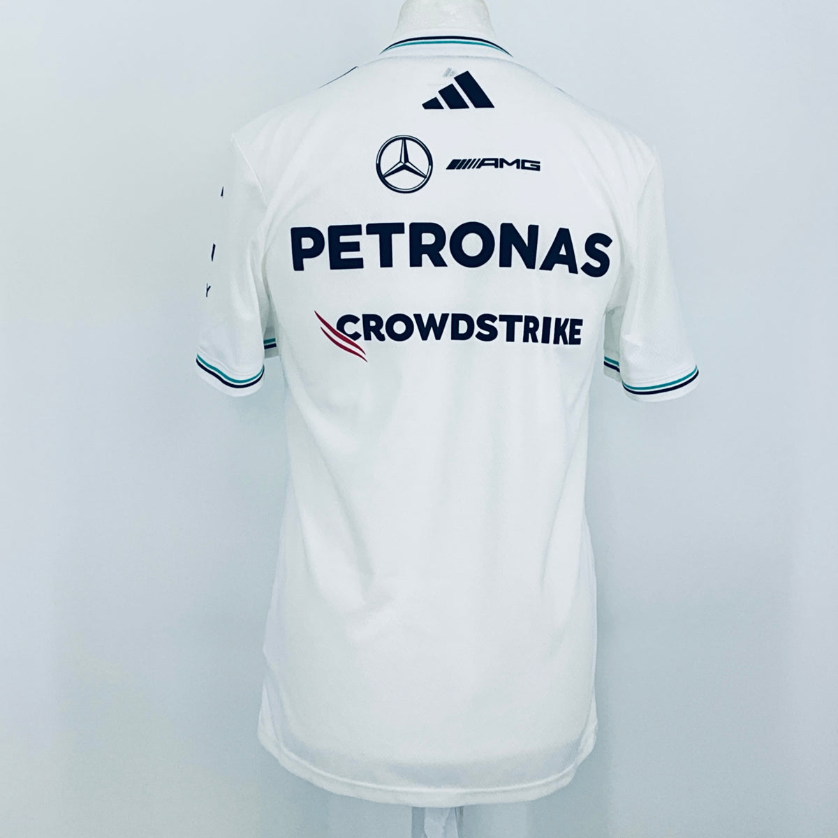 White Mercedes AMG Petronas team driver t-shirt, back print with PETRONAS and logos