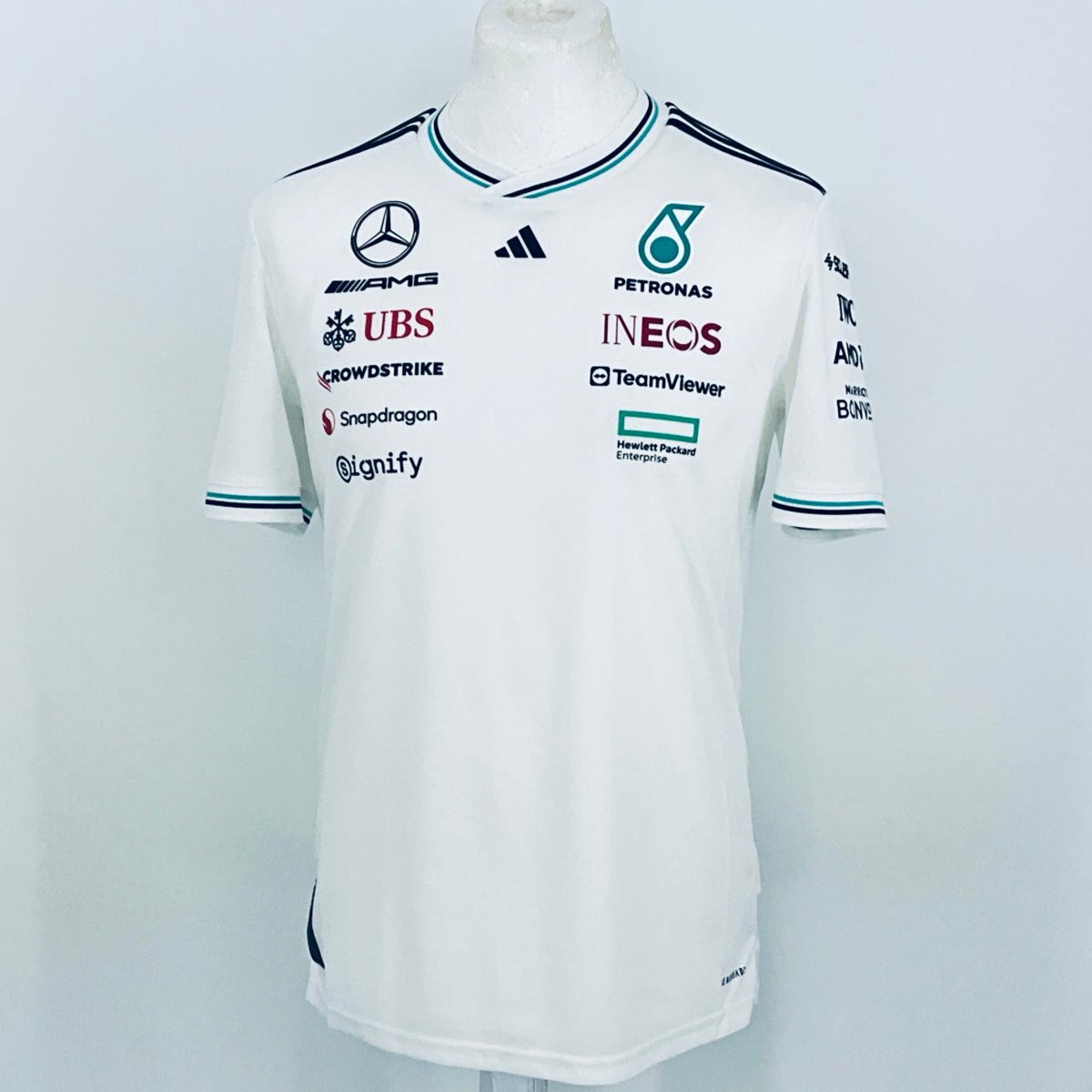 White team driver t-shirt, front view with MERCEDES and sponsor logos across chest