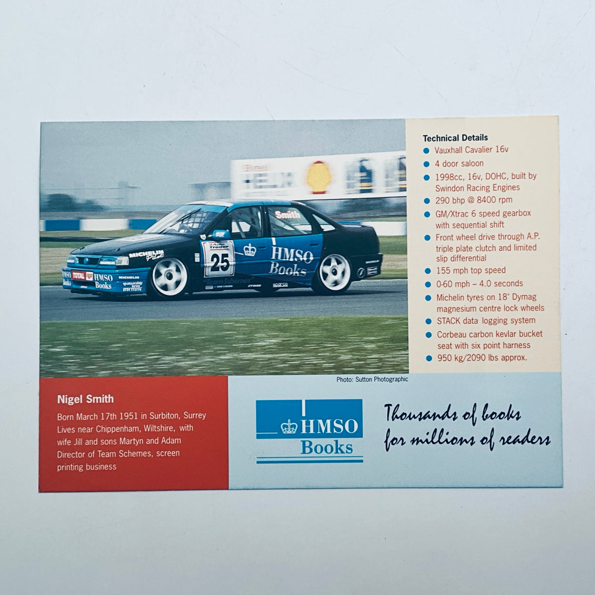 Official Team HMSO Vauxhall Cavalier 1991 BTCC  Nigel Smith Driver Card - Pit-Lane Motorsport
