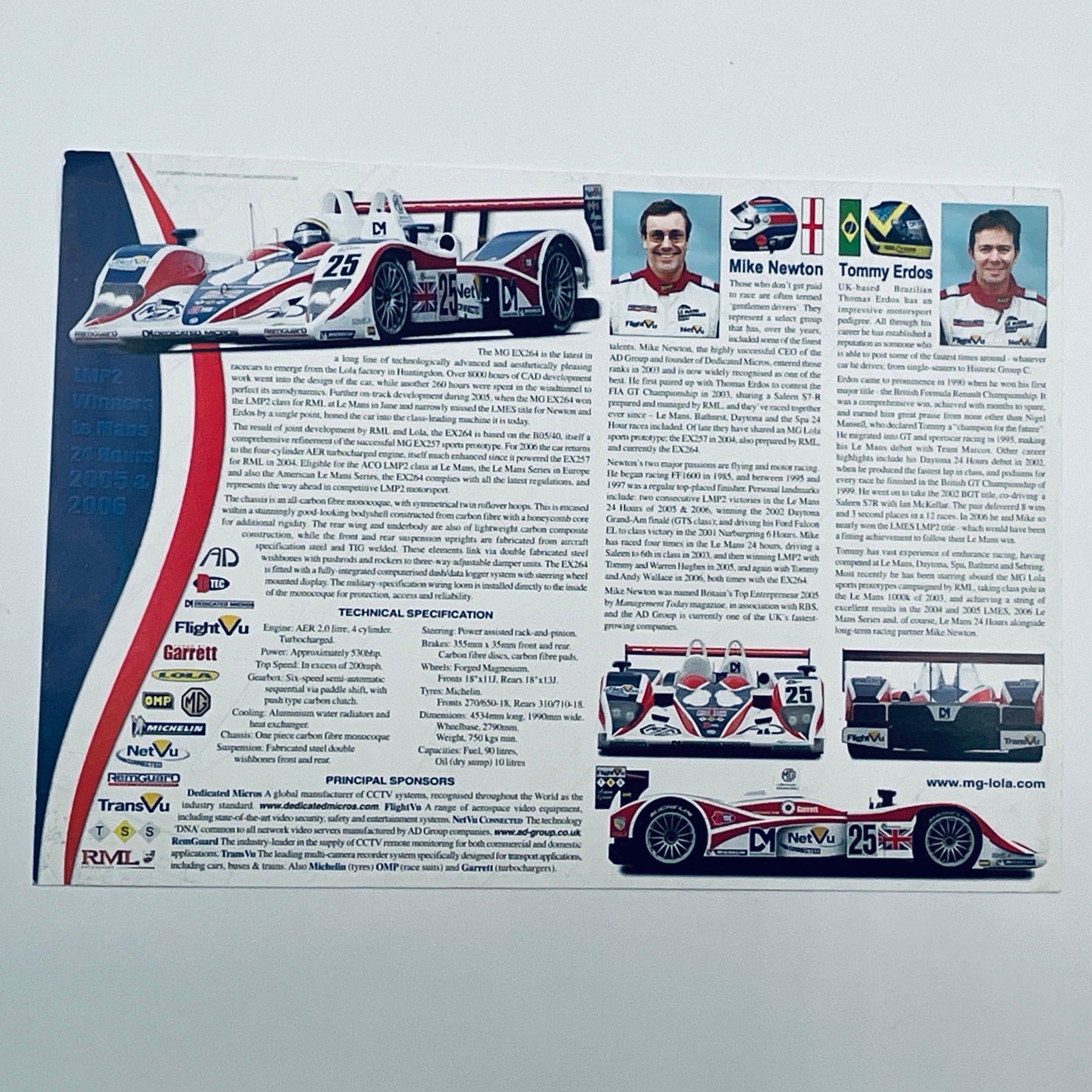 Brochure or poster with racing car graphics and text on a white background