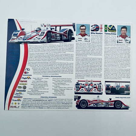 Brochure or poster with racing car graphics and text on a white background