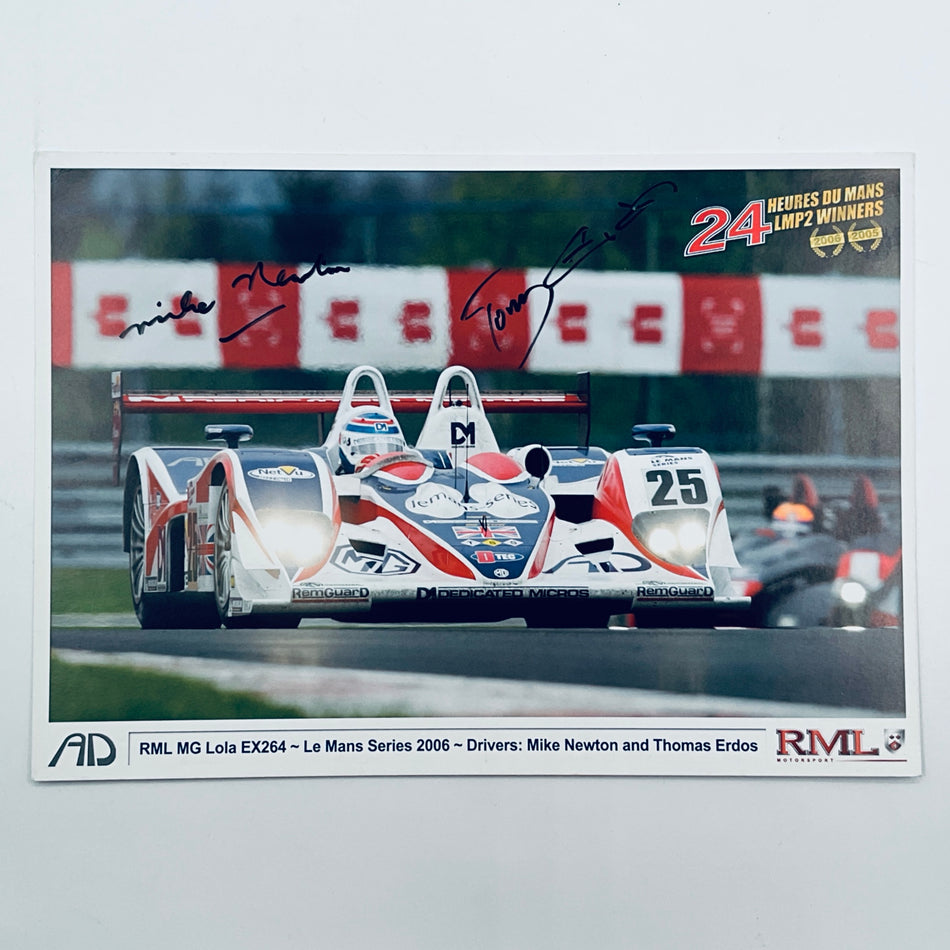 Racing car with signatures on a promotional card for RML MG Lola EX264 Le Mans Series 2006.