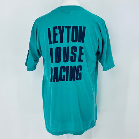 Teal t-shirt with 'LEYTON HOUSE RACING' text on the back against a white background