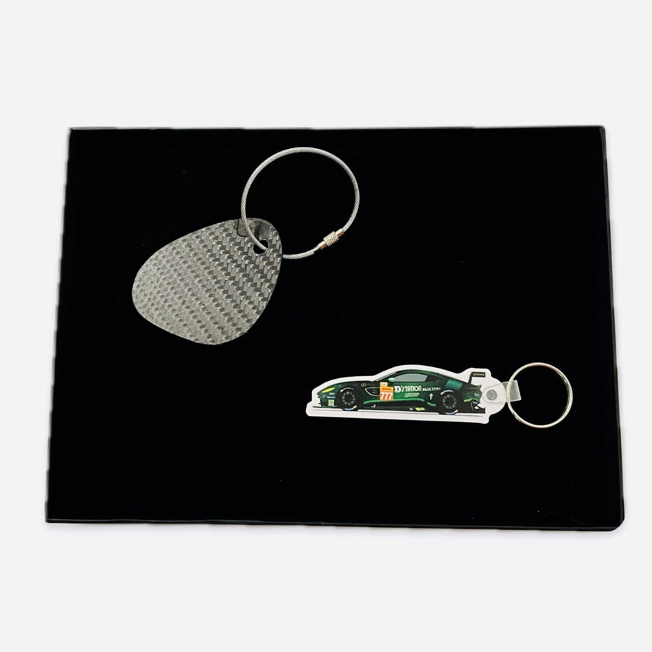 D' Station TF Sport Aston Martin Racing Team Le Mans Race Used Carbon Fibre Key Ring Set in a Presentation Box