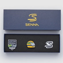 Load image into Gallery viewer, Ayrton Senna Official Collection Triple Pin Badge Set In Presentation Box