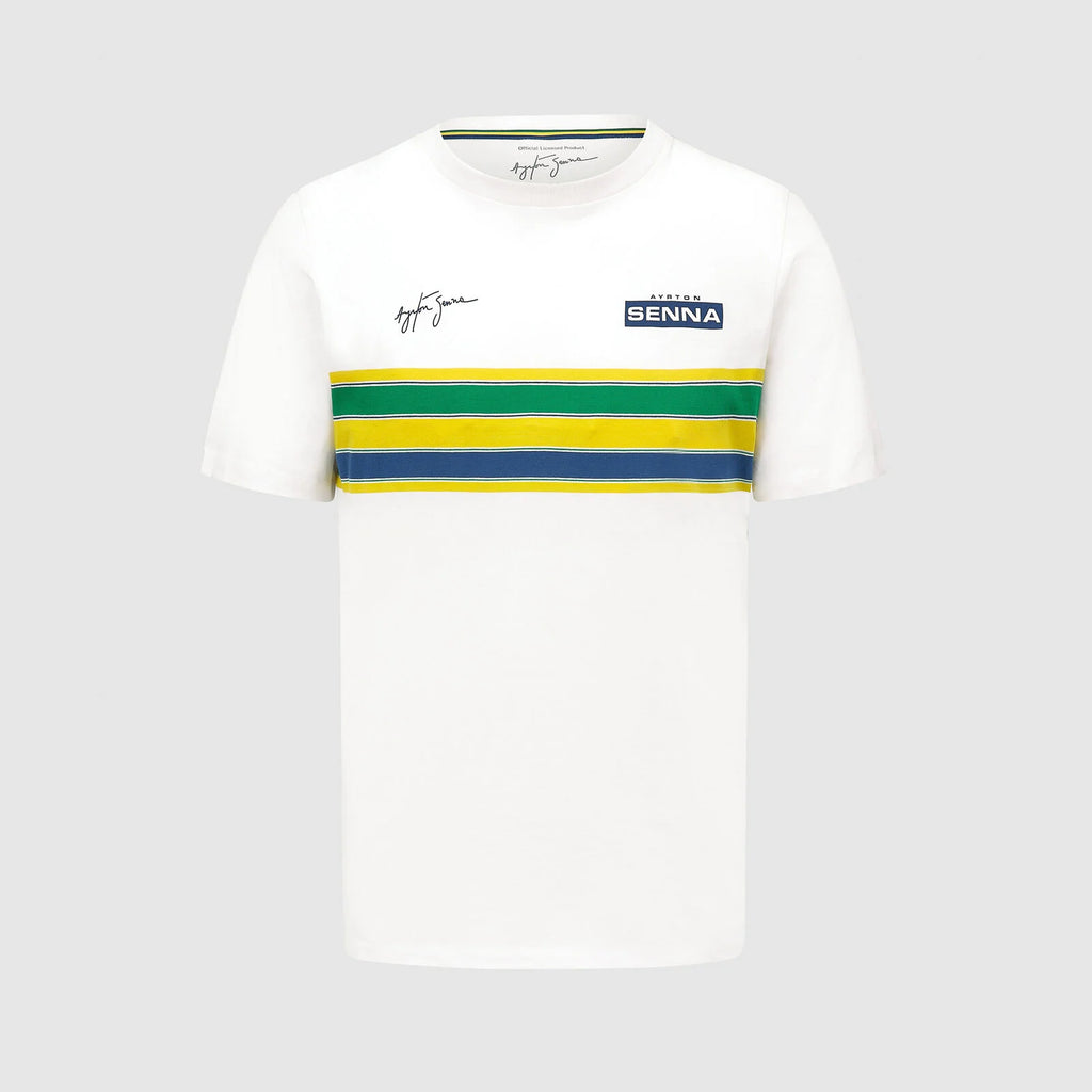 Ayrton Senna Official Licenced Collection Iconic Helmet Striped Organic Cotton T-Shirt-White