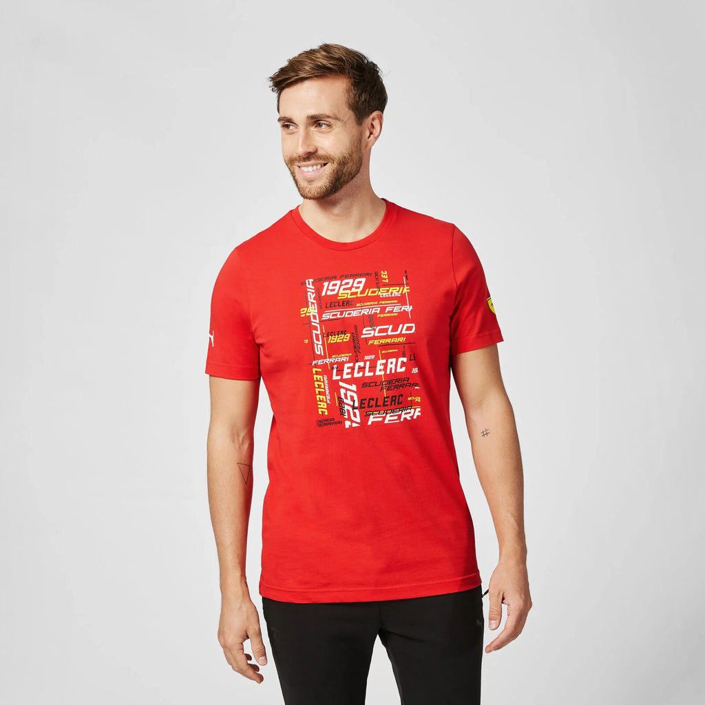 Scuderia Ferarri Formula One Team Official Merchandise Puma Driver Graphics T-Shirt Charles Leclerc-Rosso Red