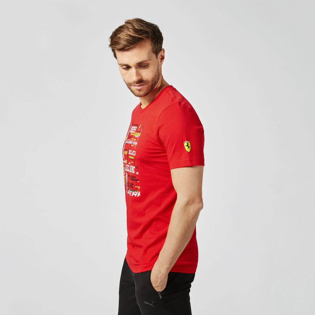 Scuderia Ferarri Formula One Team Official Merchandise Puma Driver Graphics T-Shirt Charles Leclerc-Rosso Red