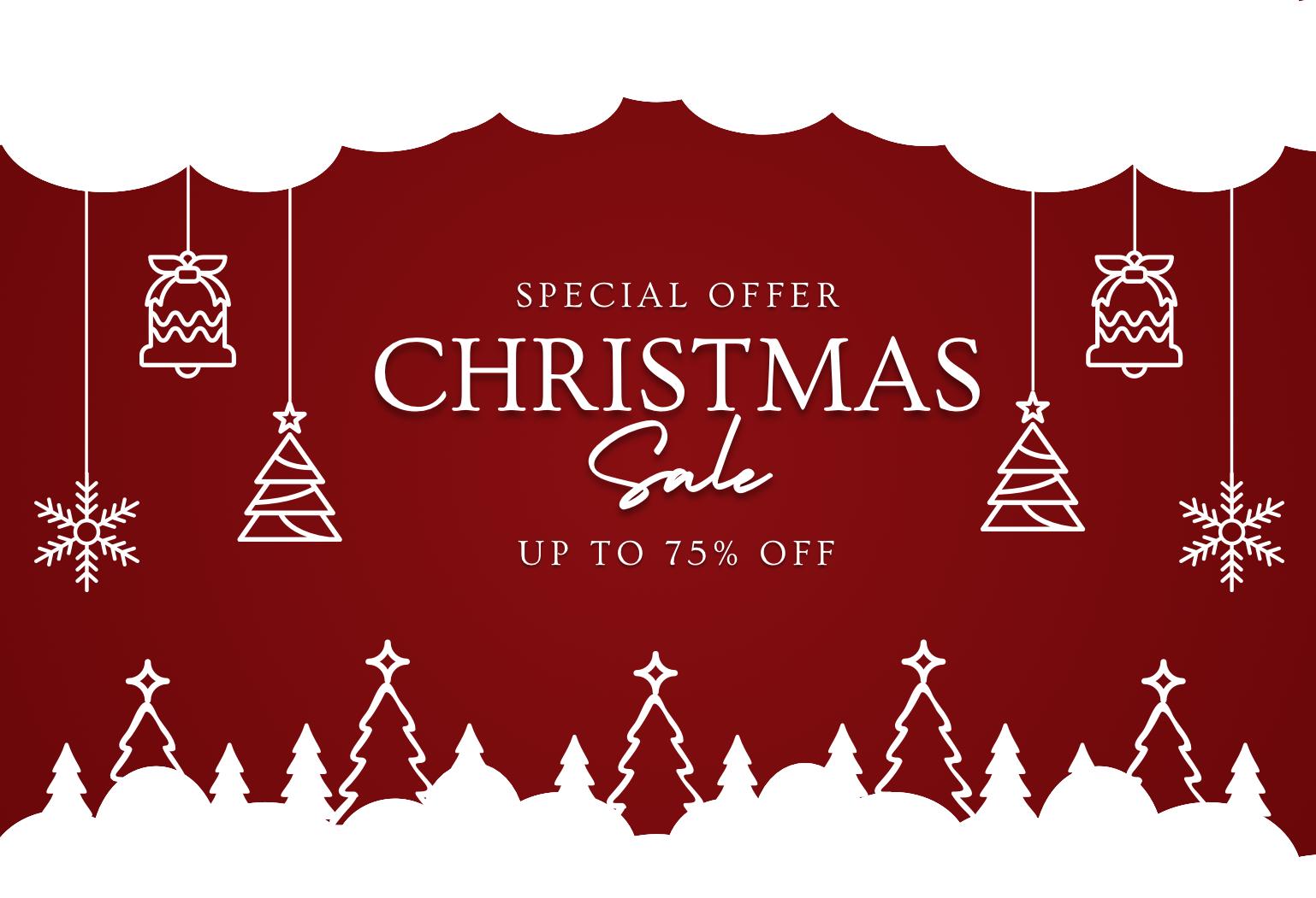 Red Christmas sale banner with white text and festive elements on a white background