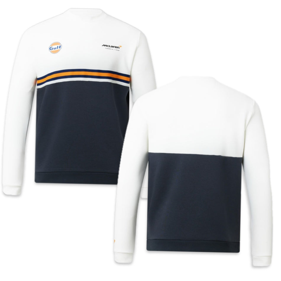 McLaren Gulf F1 Team Official Merchandise Adults Core Logo Printed Stripe Crew Neck Sweater Snow White/Phantom