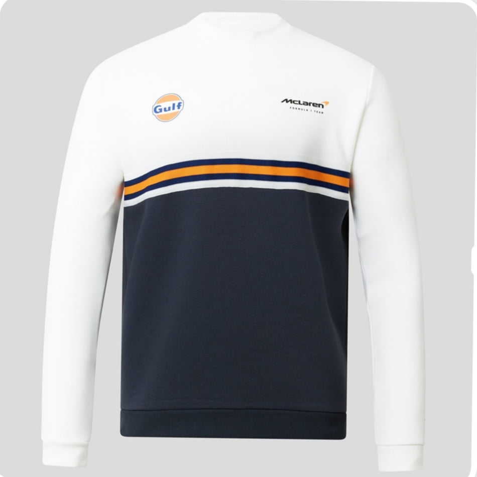 McLaren Gulf F1 Team Official Merchandise Adults Core Logo Printed Stripe Crew Neck Sweater Snow White/Phantom