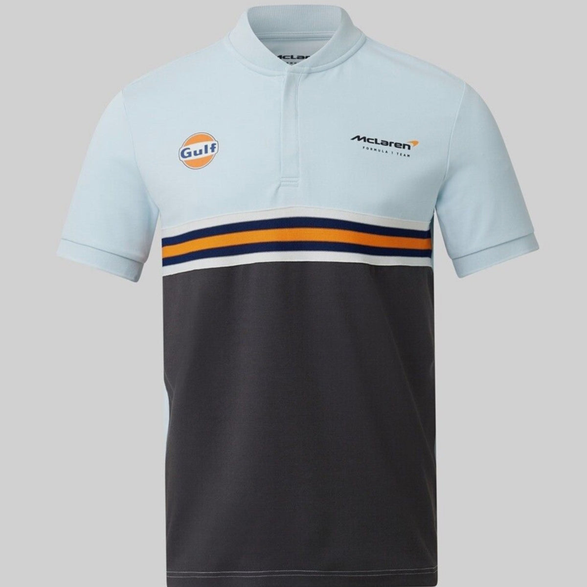 McLaren Gulf Formula One Team Official Merchandise Adults Core Logo Printed Stripe Polo Shirt Delicate Blue/Phantom - Pit-Lane Motorsport