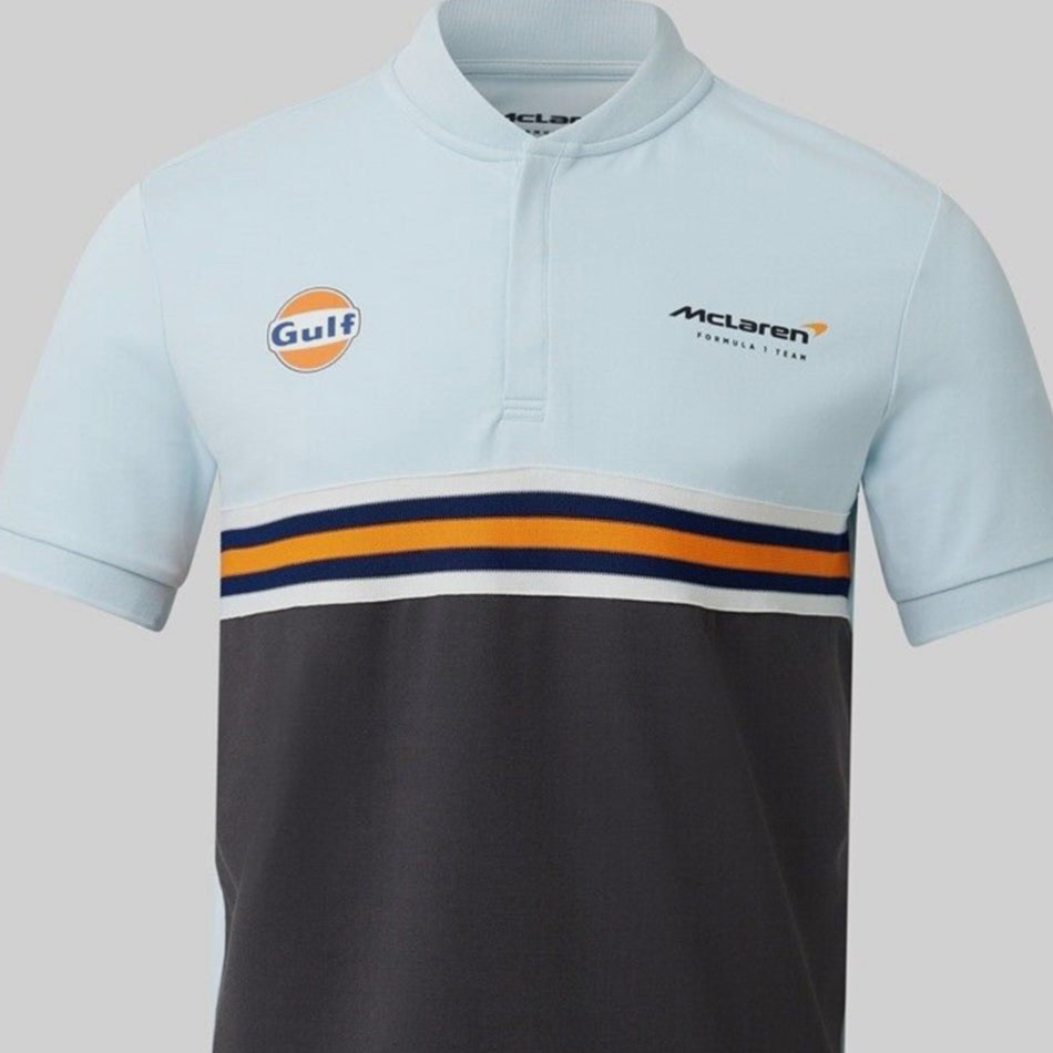 McLaren Gulf Formula One Team Official Merchandise Adults Core Logo Printed Stripe Polo Shirt Delicate Blue/Phantom - Pit-Lane Motorsport