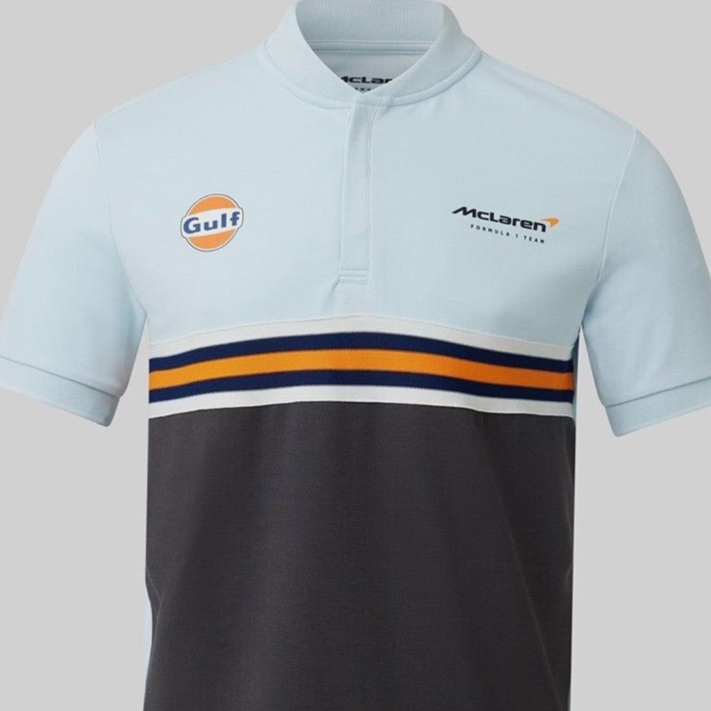 McLaren Gulf Formula One Team Official Merchandise Adults Core Logo Printed Stripe Polo Shirt Delicate Blue/Phantom