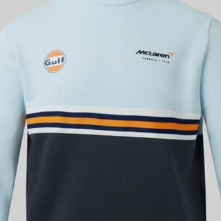 McLaren Gulf Formula One Team Official Merchandise Adults Core Logo Printed Stripe Crew Neck Sweater Delicate Blue/Phantom