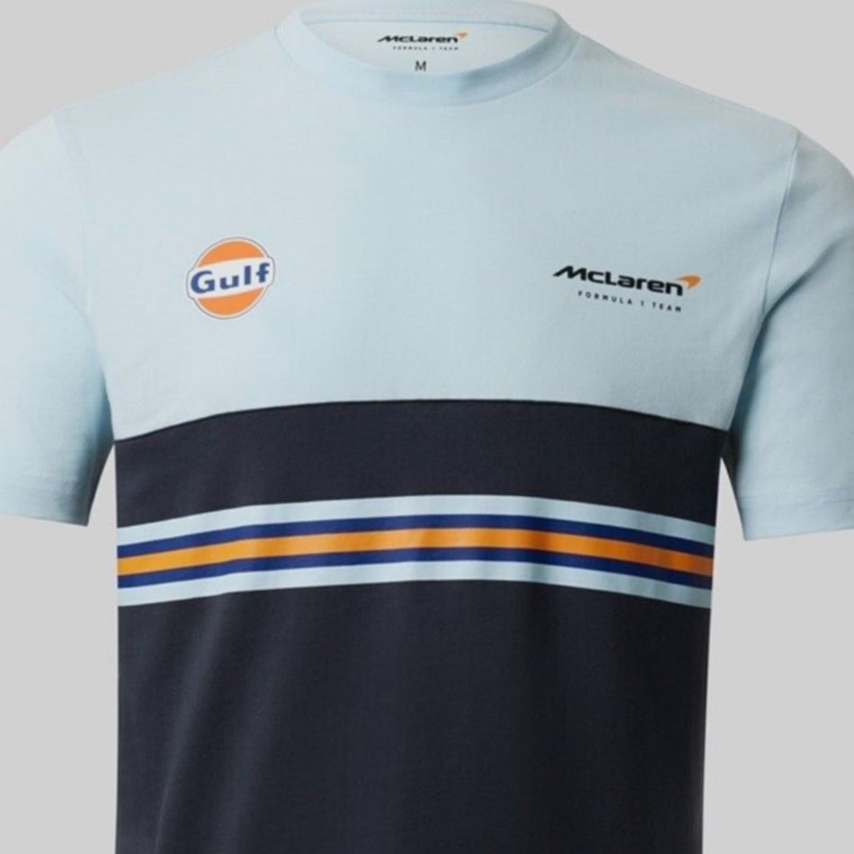 McLaren Gulf Formula One Team Official Merchandise Adults Core Logo Printed Stripe T-Shirt Delicate Blue/Phantom - Pit-Lane Motorsport